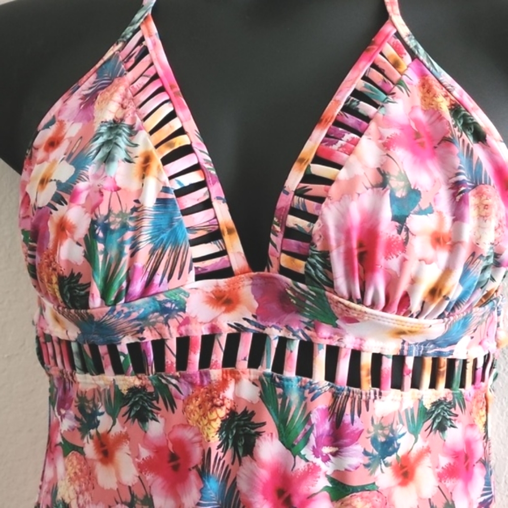 OP One Piece Halter Swimsuit Pink Floral Plus Size XL (15-17)